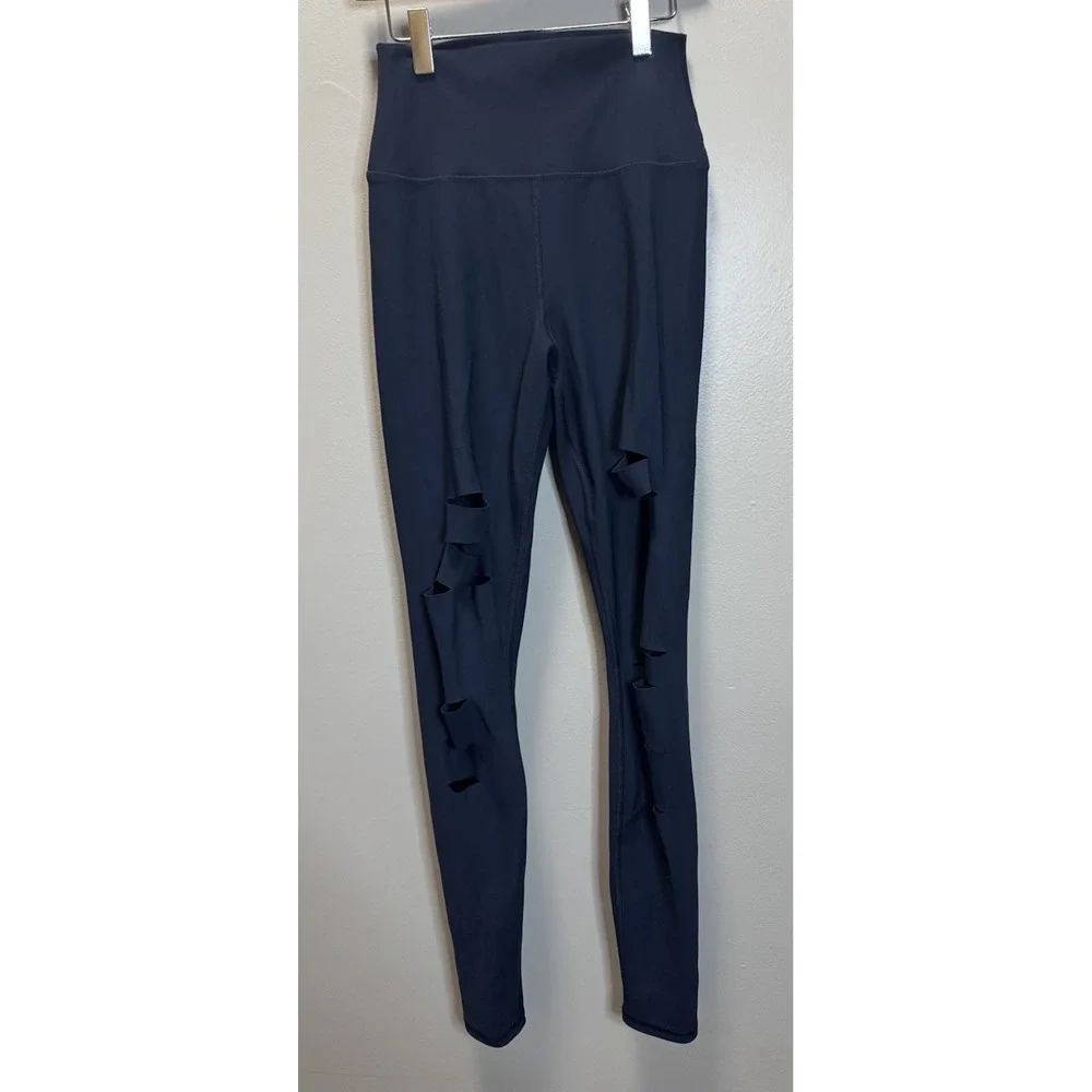 Alo Yoga Ripped Warrior Leggings Women's XS Navy Laser‎ Cut Slots Distressed